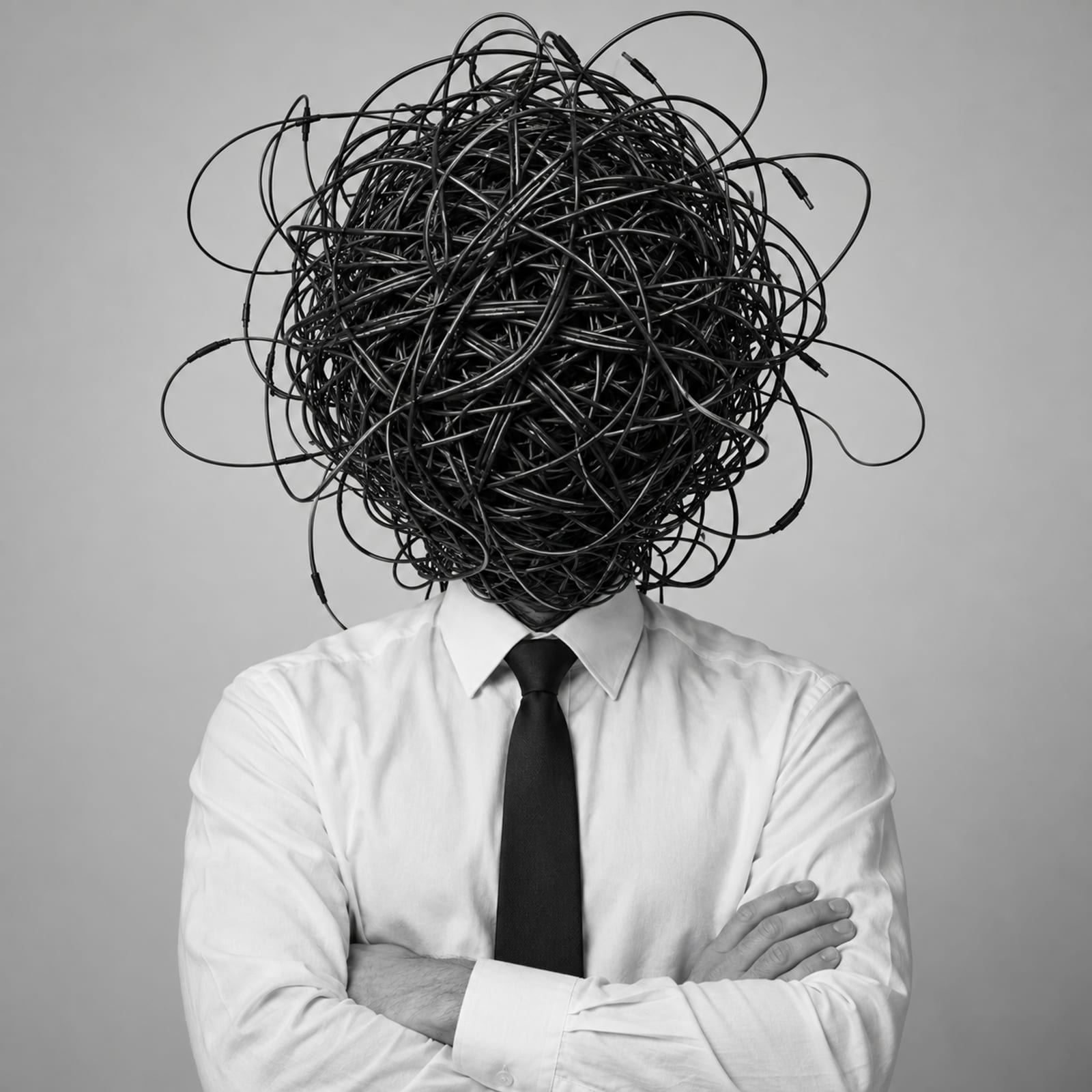 A monochrome figure in a white shirt has a dense tangle of cable in place of a head.
