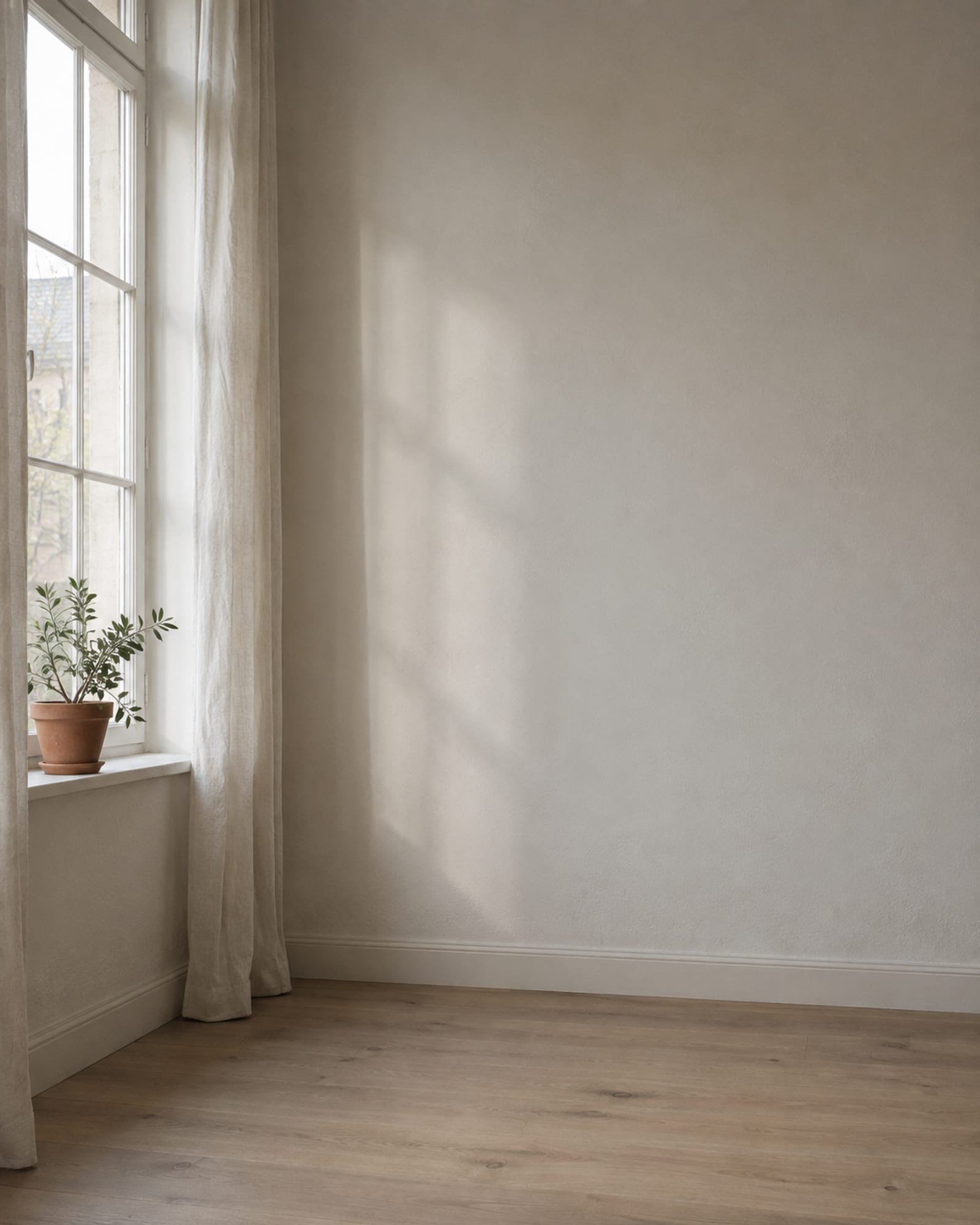 Soft window light falls across a quiet wall beside a small potted plant.