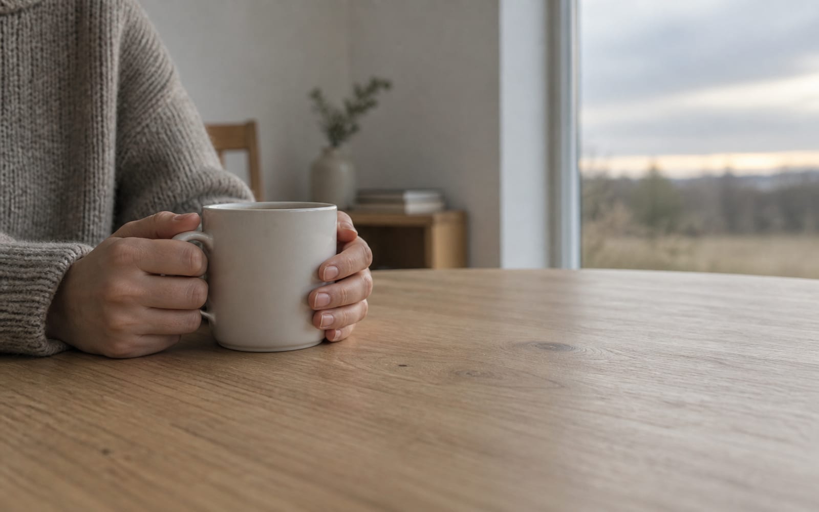 Two hands loosely hold a white ceramic mug on an oak table.