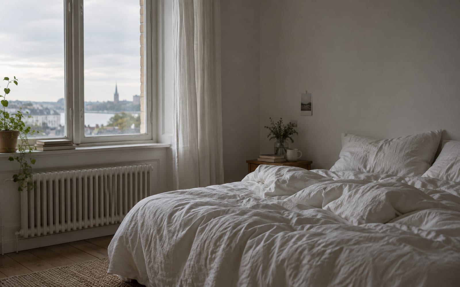 Rumpled white linen rests on an unmade bed beside a window.