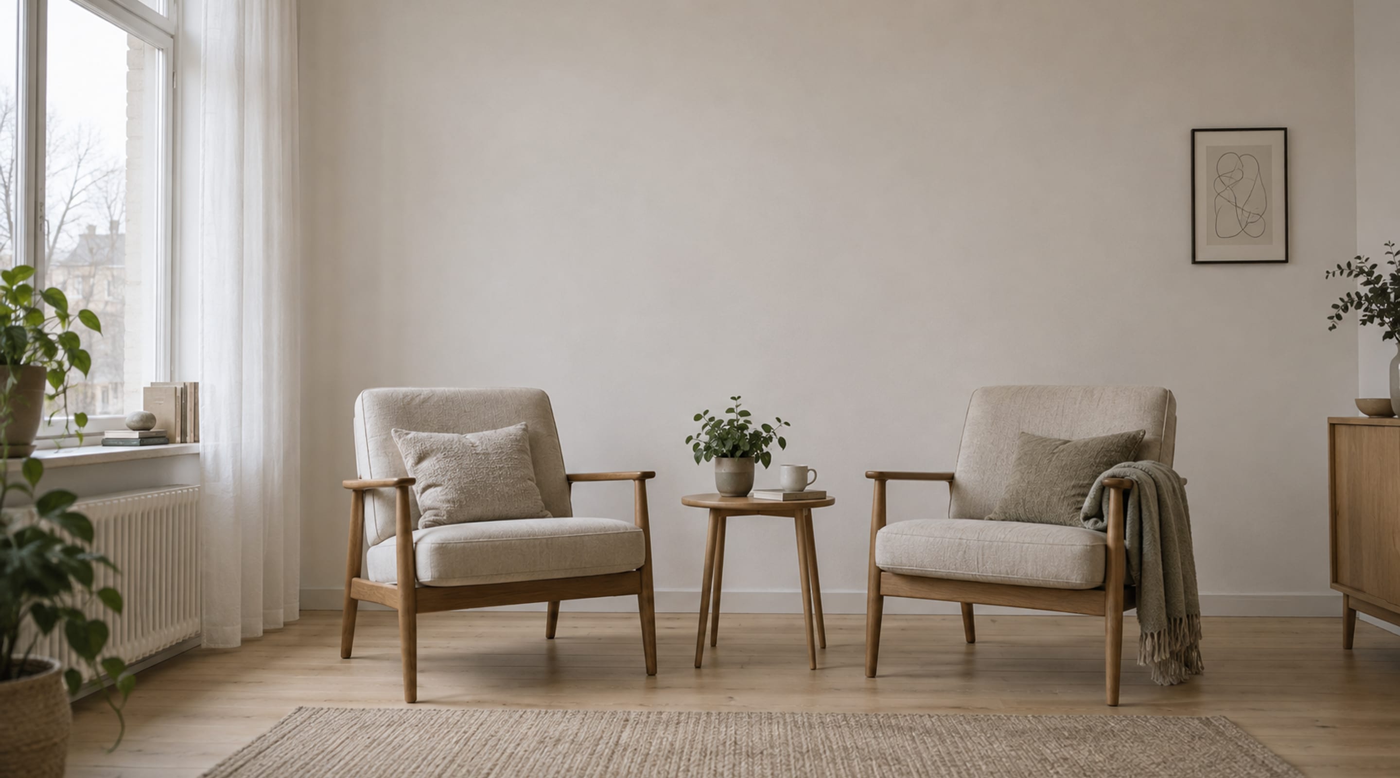 Two oatmeal armchairs face one another in a quiet, naturally lit consultation room.