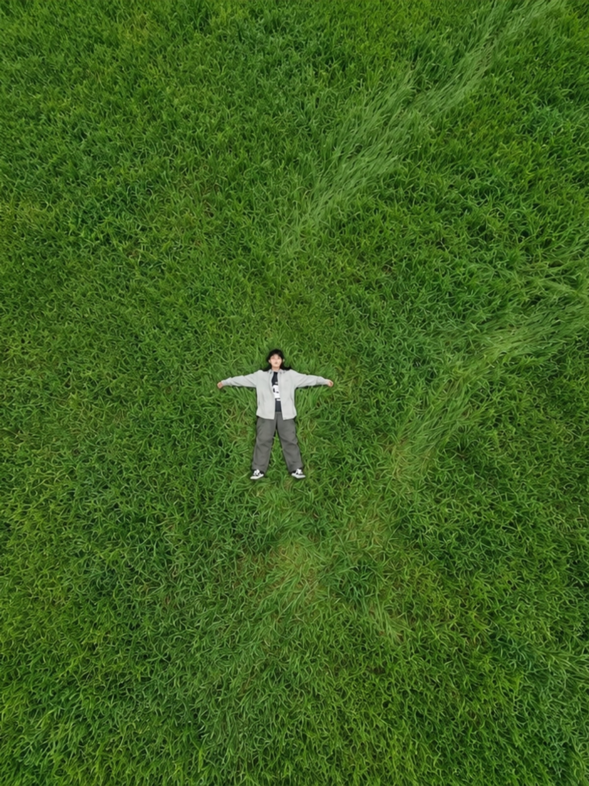 An aerial view of a person lying spread out in the middle of a vast green field.